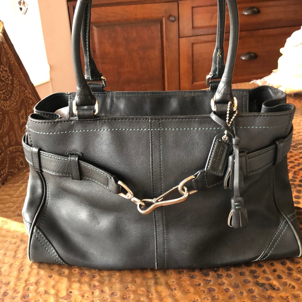 Coach large size leather black tote dark blue